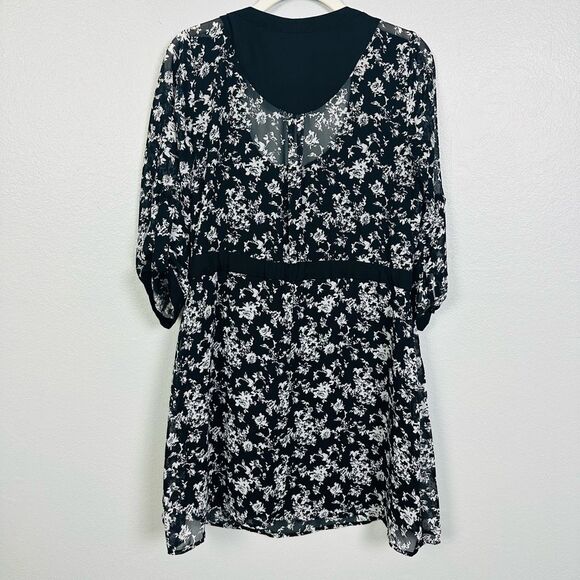 Bongo Black 3/4 Sleeve Mini A-line Dress Size M Floral Adjustable Waist Lined - Picture 5 of 11